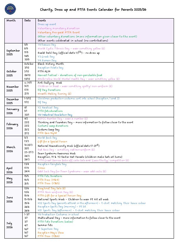 PTFA Calendar Events 2025 26